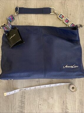 Navy Leather Shoulder Bag with Decorative Strap